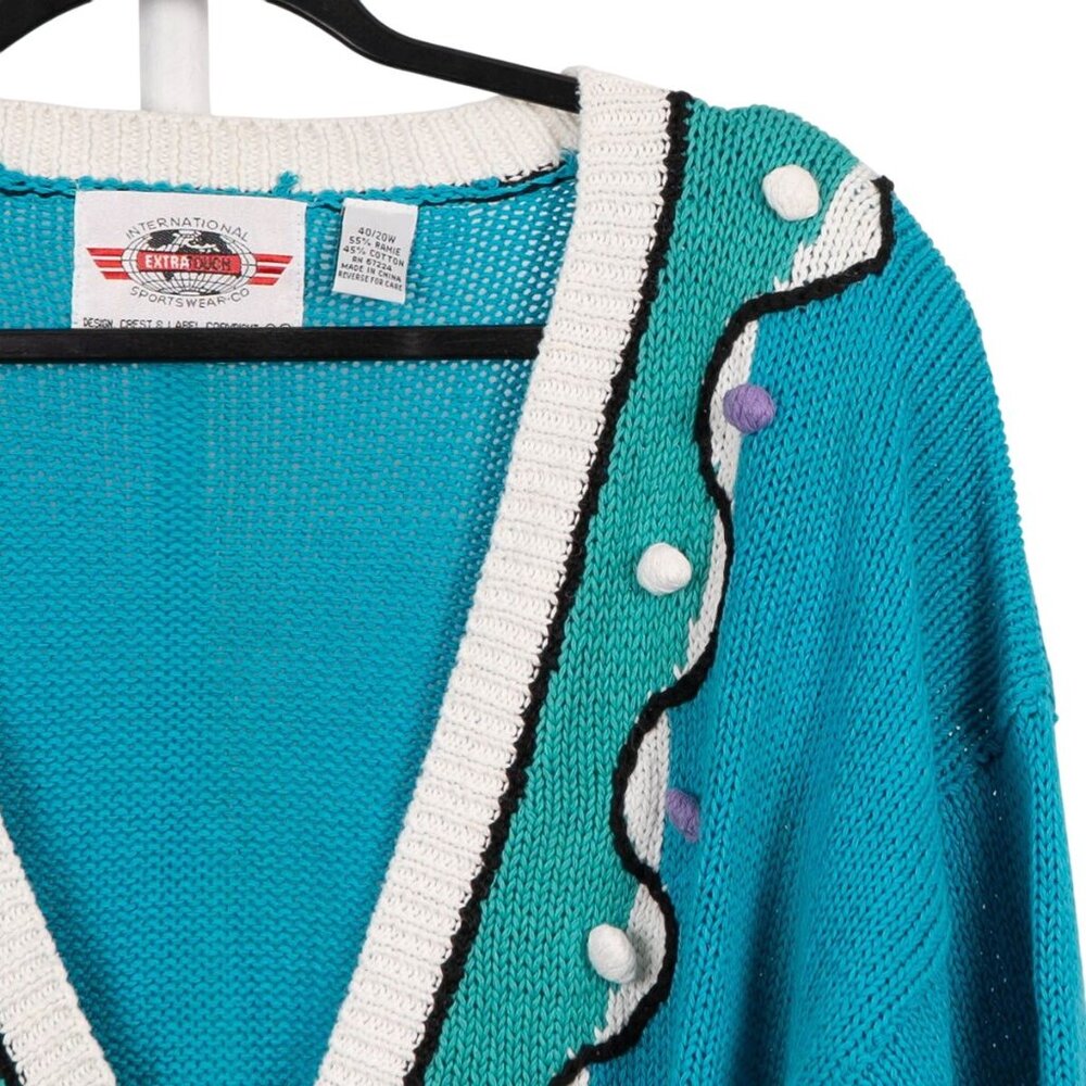 VTG 80s Cardigan Sweater 40 20W Button Up Teal Geometric Grammacore Cottagecore - Picture 2 of 5